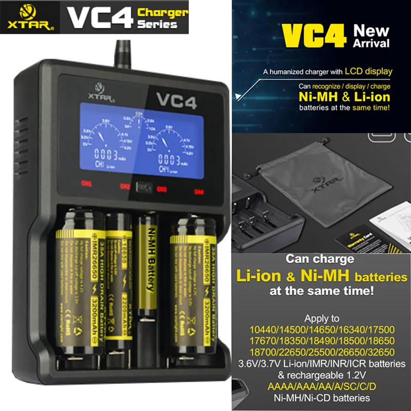 Оригинальное зарядное устройство XTAR VC4 универсальный ЖК дисплей USB Ni MH/Ni CD литий