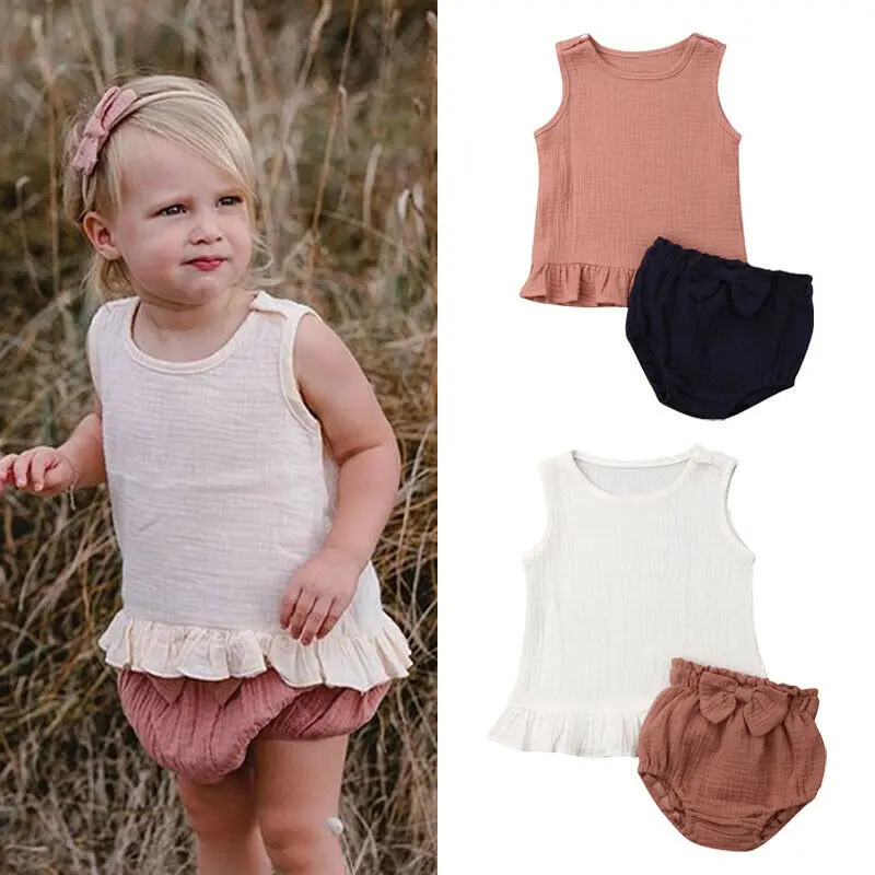 

2Pcs Kids Baby Girls Summer Clothes Sets Sleeveless Solid Tops Vest+ Bow Shorts Outfits 1-5 Sets 2 Colors