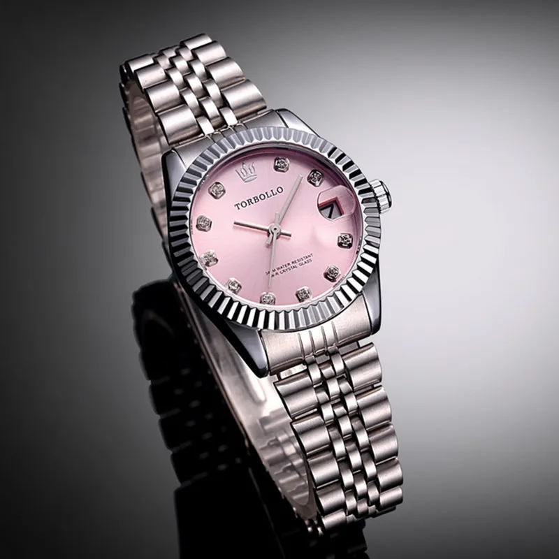 Лидирующий бренд TORBOLLO серебристо-розовые женские вечерние кварцевые часы с кристаллами и датой водонепроницаемые ЖЕНСКИЕ НАРЯДНЫЕ часы - Цвет: silver pink