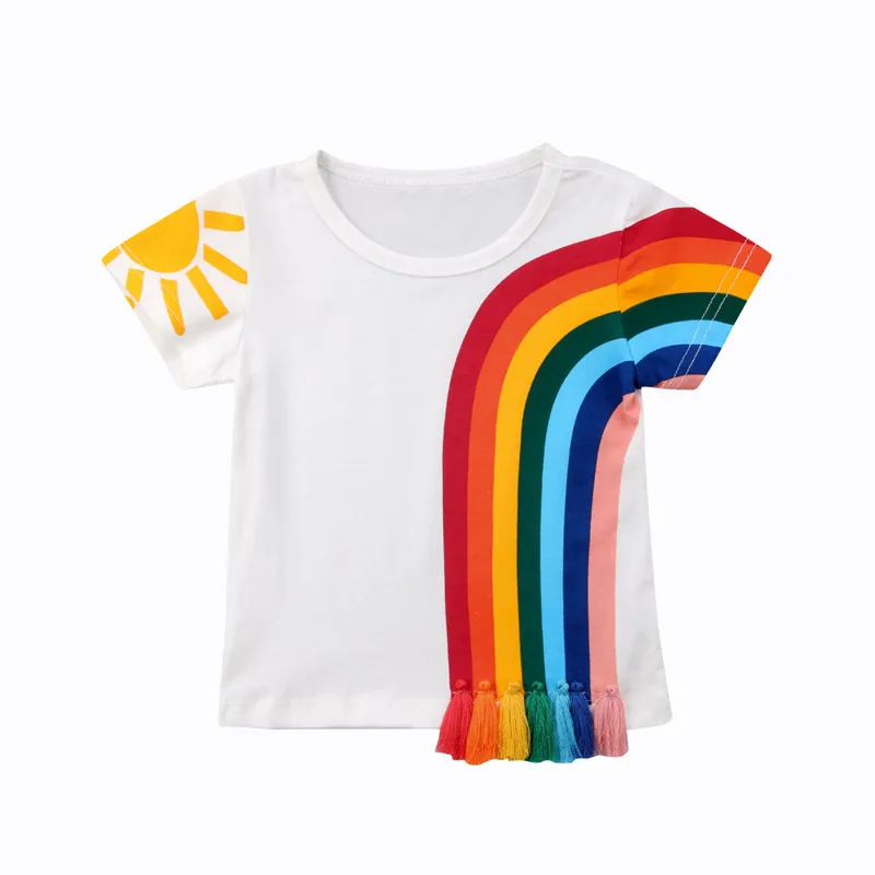 

Newest Fashion 2018 Baby Children Kids T-shirt Clothes Girl Casual Rainbow Tassels Cotton Tee Tops Aged 1-6Y