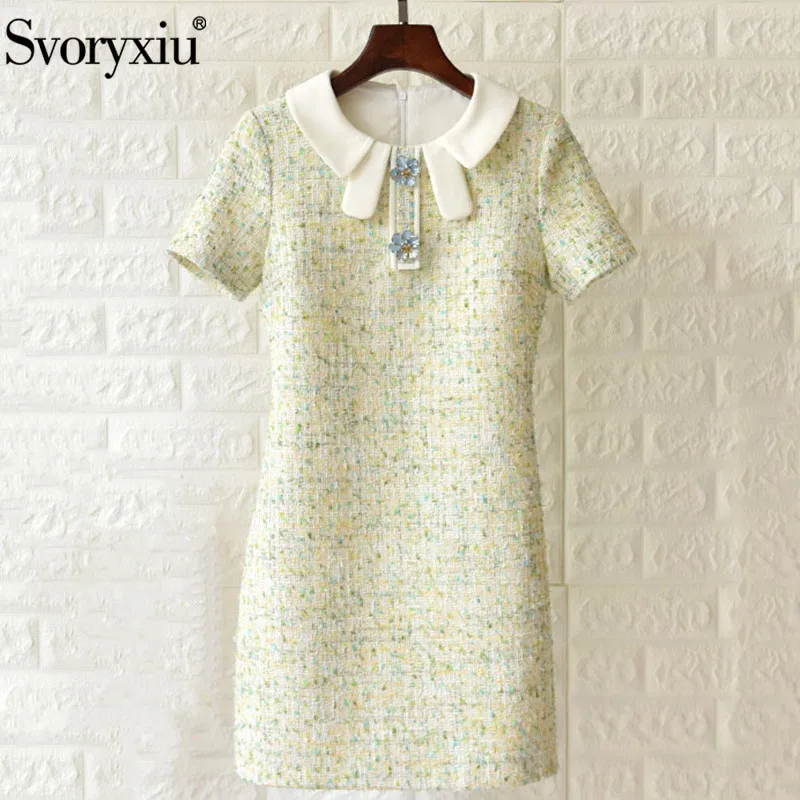 

Svoryxiu 2019 Autumn Winter Designer Dress Women's Short Sleeve Diamond Coarse Tweed High Quality A-Line Dress Vestdios