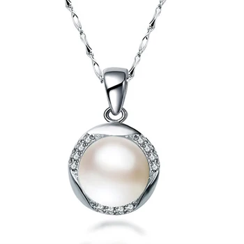 

high quality short fashion simple women 925 Silver Pendant with chain natural freshwater pearl round necklace girls cute jewelry