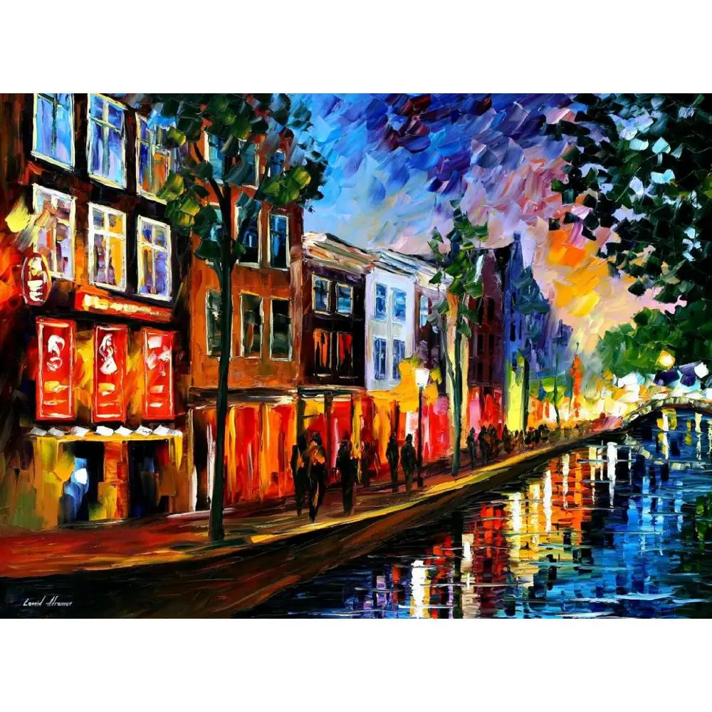 

beautiful landscape Paintings amsterdam red lights palette knife oil painting On Canvas Modern Hand painted High quality