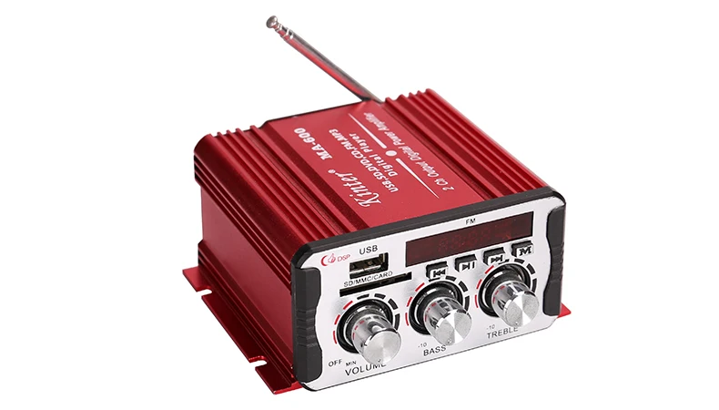 kinter MA-600 mini amplifier audio 2.0 channel 25W with usb sd MP3 FM led digital display remote control connect speaker play stereo sound adjust bass treble DC 12V power input red aluminum enclosure (8)