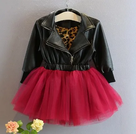 

3-8Y new 2015 autumn girls fashion high quality PU sally patchwork dress 1pc girl princess dress girls sally dress
