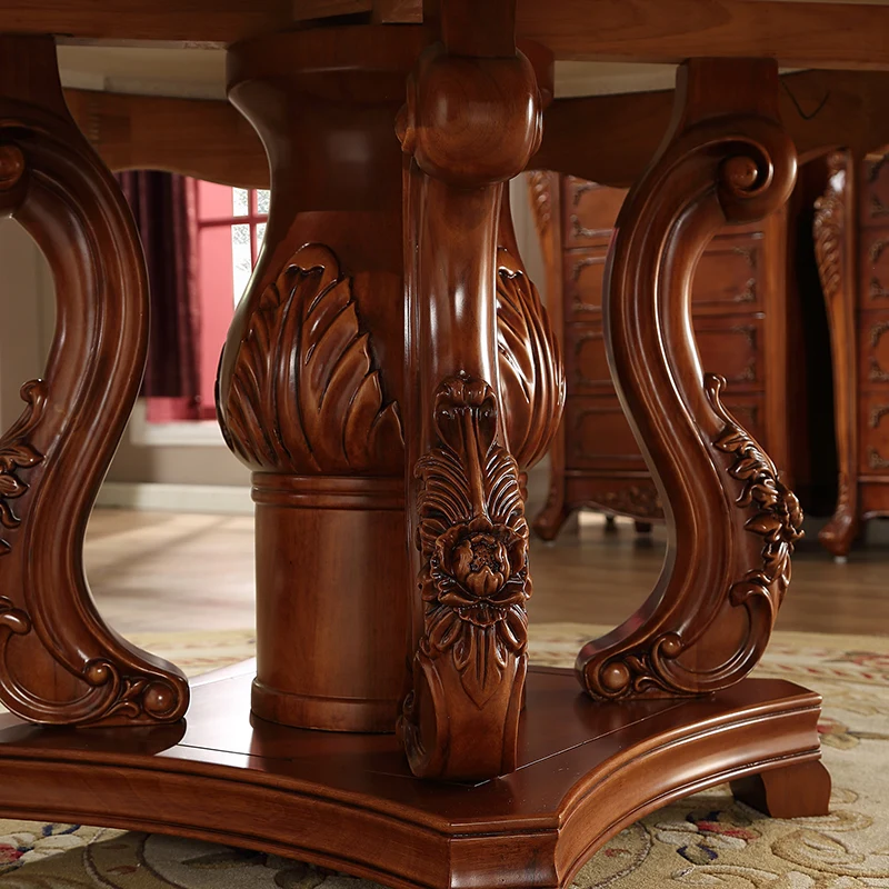 European Style Solid Wood Carved Round Marble Table With 6 Chairs