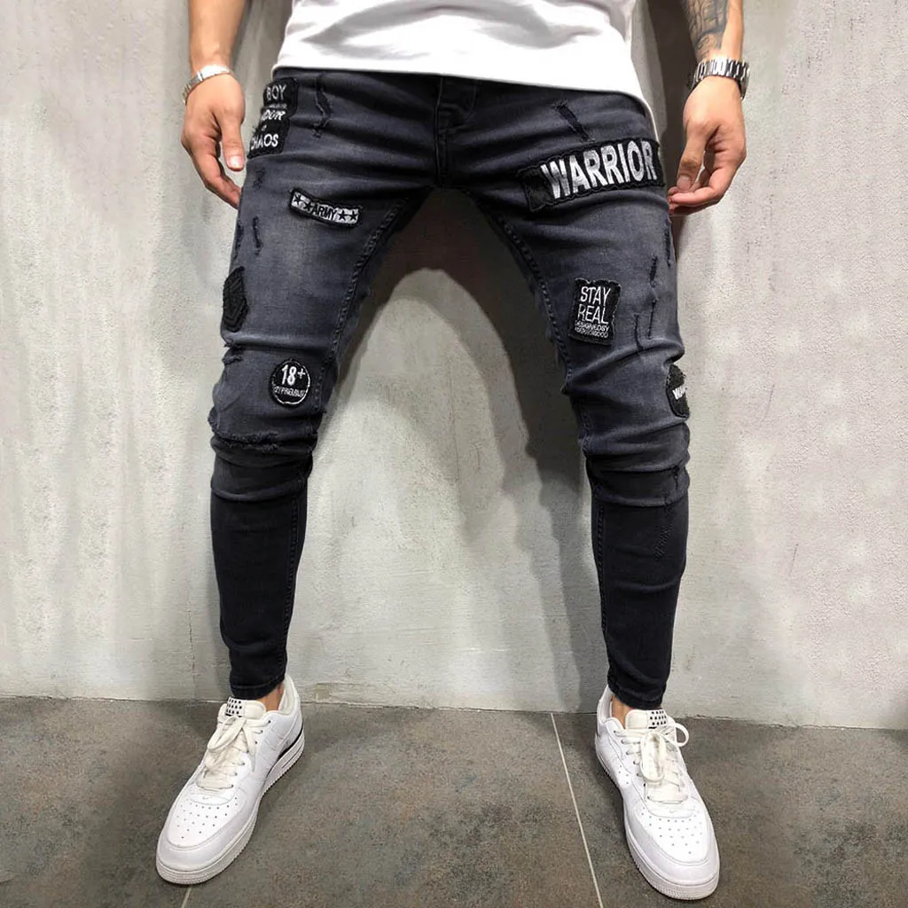 Mens Stretch Denim Pant Distressed Ripped Freyed Slim Fit Pocket Jeans Trousers Skinny Jeans Elastic Waist Male Trousers