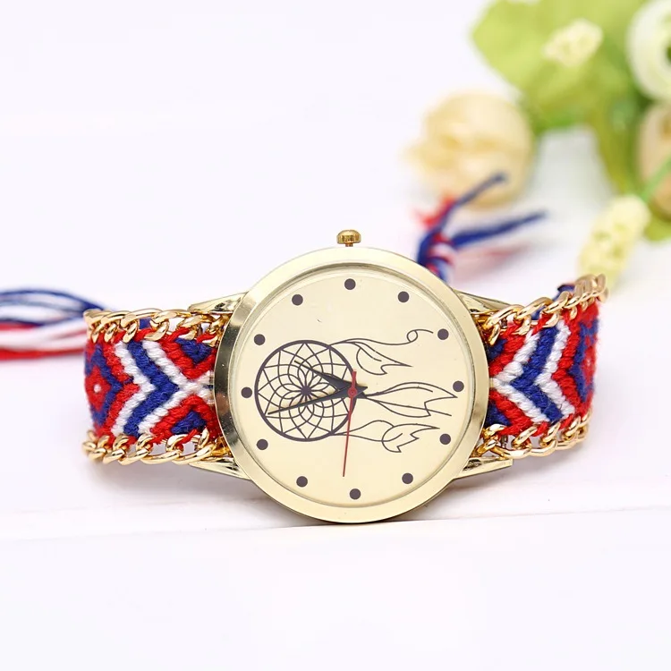 Модные Разноцветные Ткань группа Для женщин Кварцевые наручные часы в народном стиле Стиль Для женщин часы-браслет ручная работа Reloj Mujer