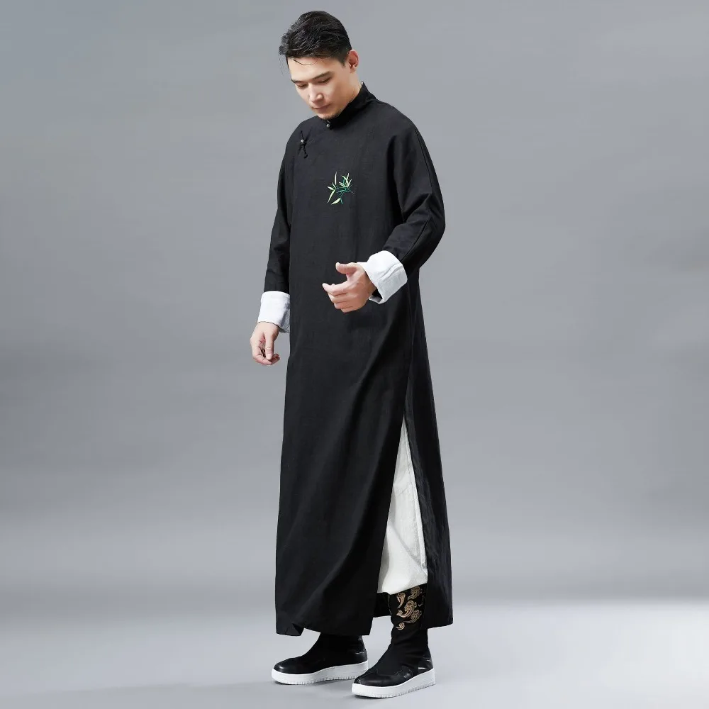 LZJN Chinese Men Classic Master Clothing X-Long Linen Trench Robe Gown Coat Two Side Slit Kung Fu Tai Chi Traditional Outfit (14)