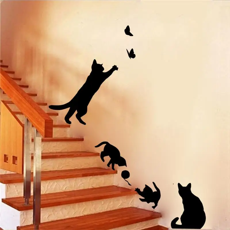 9 /4 cute cats playing wall stickers kids room decorations 707. diy home decals vinyl art animals poster adesivos de paredes 4.5