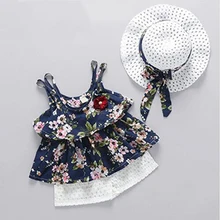 Новая летняя Цветочная одежда без рукавов для маленьких девочек 6-24 месяцев, костюм с шортами+ шляпа от солнца, детская одежда, детская одежда для малышки
