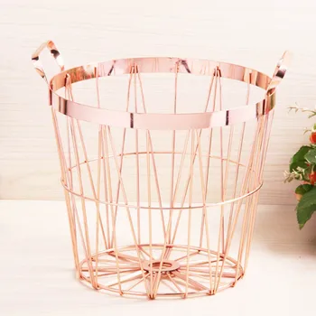 

Rose Gold Round Iron Wire Storage Basket with Handles for Kitchen Bathroom SDF-SHIP