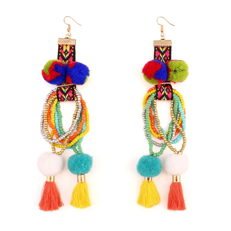 Florosy Long Cotton Ball Tassel Pendant Earrings For Women Chunky Colorful Acrylic Bead Handmade Vintage Ethnic Dangle Earrings