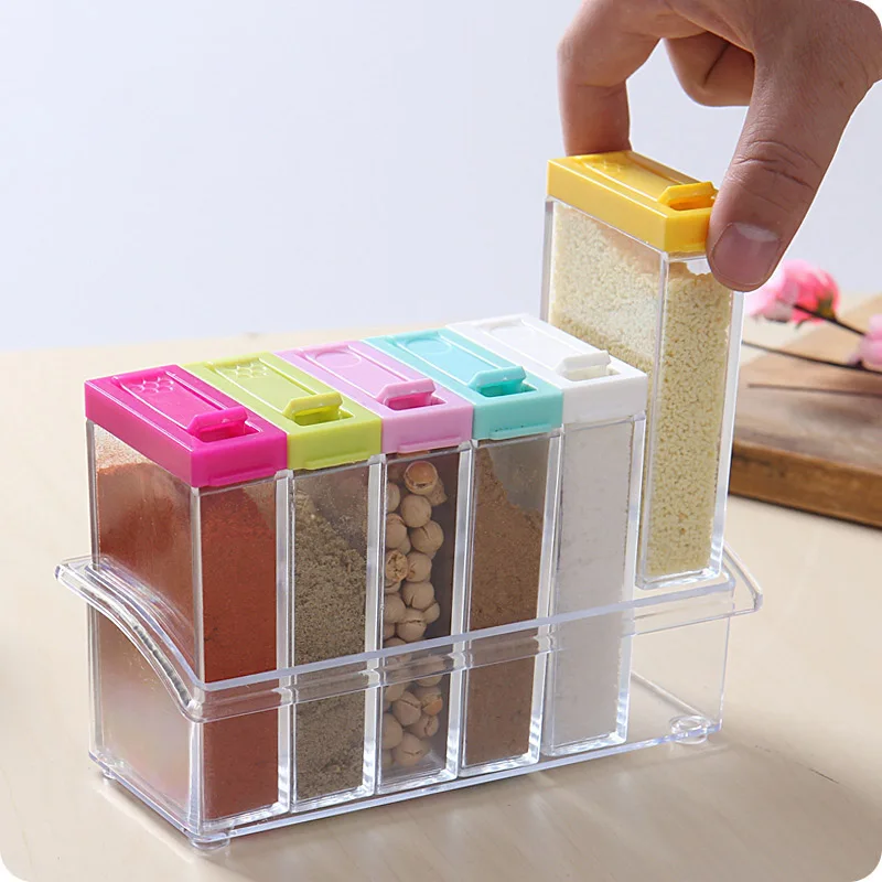 

6Pcs/Set Seasoning Box Kitchen Spice Storage Bottle Jars Transparent PP&PS Salt Pepper Cumin Powder Box Tool