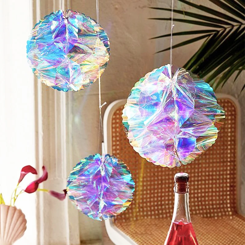 

3pcs Rainbow Film Laser Plastic Colorful Gradient Party Paper Flower Ball Party Wedding Birthday Home Decor Supplies C1165 c