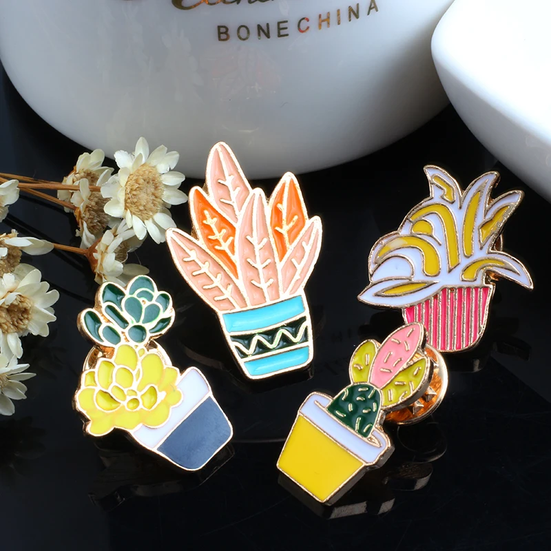 

4 Pcs/Set Cute Plant Nonsai Clothing Accessories Enamel Pins Cactus Flowers Small Grass Sweater Brooch Pin Collar Needle Jewelry