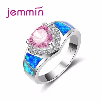 

Blue Fire Opal Heart Ring with Pink Crystal Jewelry for Women Wedding Engagement Promise Statement Anniversary Jewelry