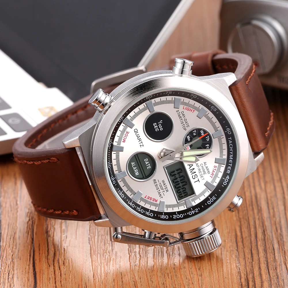 Мужские модные спортивные военные наручные часы новые AMST часы мужские люксовый бренд 5ATM 50m светодиодный цифровой аналоговый кварцевые часы для дайвинга