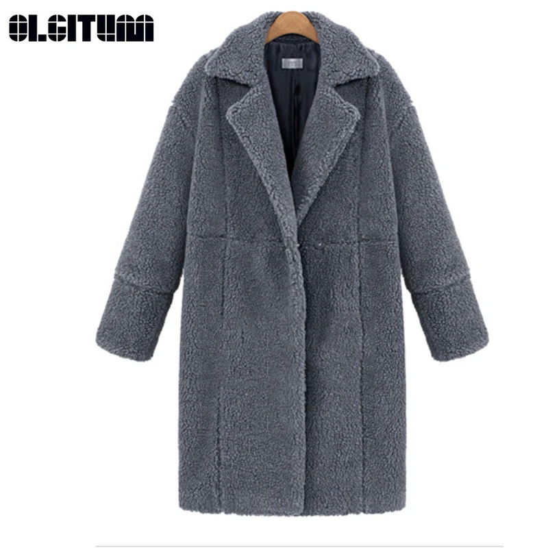 

New 2018 Women Woolen Coat Lamb Wool Blend Faux Fur Overcoat Ladies Winter Turn-down Collar Long Sleeve Jacket Outwear