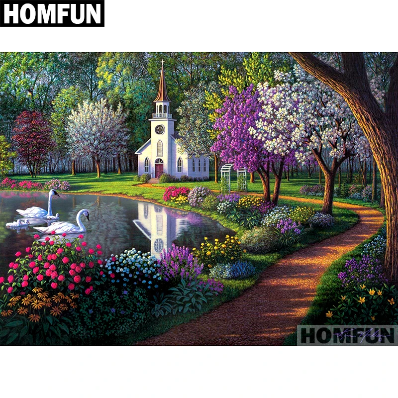 Алмазная живопись HOMFUN A01576 полноразмерная/круглая вышивка Лебединое озеро 5D