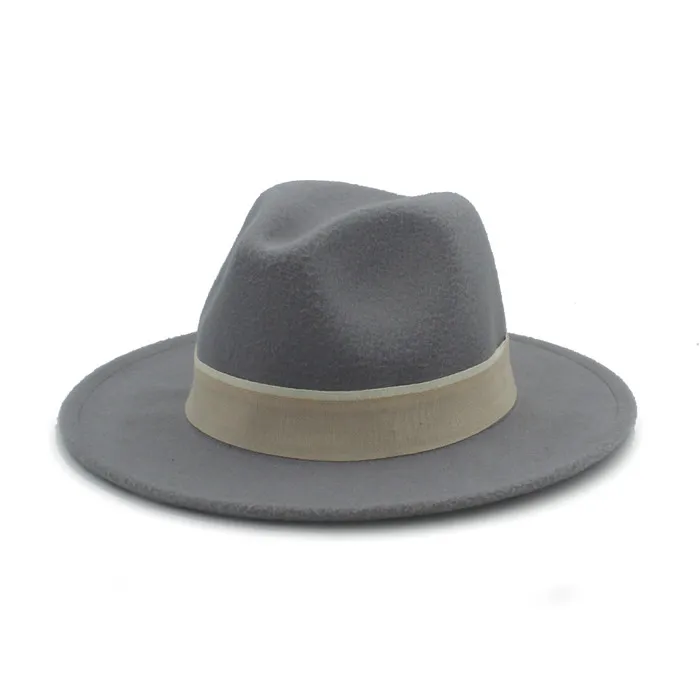 Шерстяная женская мужская фетровая шляпа Федора с широкими полями Chapeu Feminino Jazz Hat для леди Outback шляпы сомбреро размер 56-58 см - Цвет: Light Gray