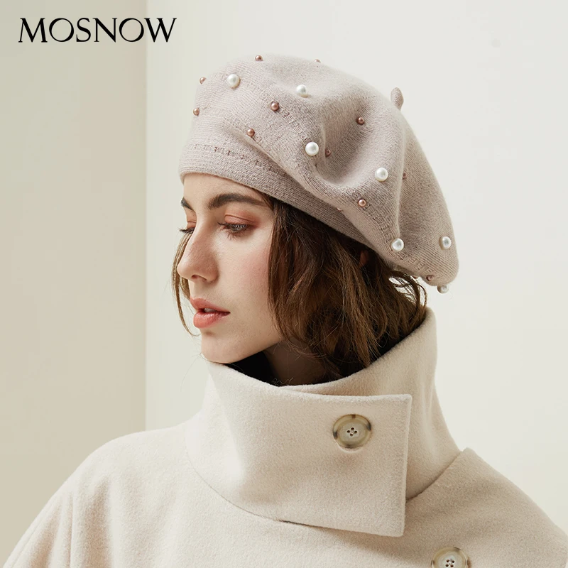 Cena Kobiety berety perłowa dekoracja kapelusz kobieta sierść królika czapki z dzianiny 2019 nowy marka zima Beret pani malarz kapelusiki dziecięce hurtownia