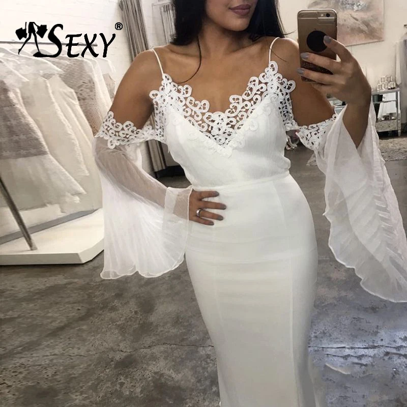 

Gosexy 2019 New Women Sexy White Bandage Dress Flare Sleeve Ankle-Length Dress V-Neck Party Dress