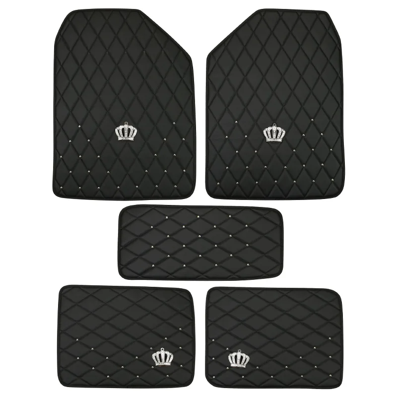 Universal Crown Car Floor Mats Anti Slip Leather Auto Carpet for Interior Accessories Floor Cover Sets For Women Girls Black