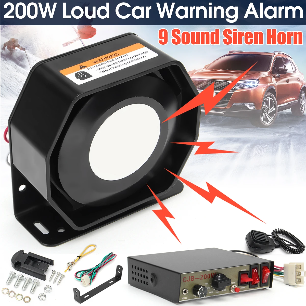 

Burglar Alarm 12V 200W 9 Sound Loud Car Warning Alarm Speaker PA Siren Horn MIC System Microphone+Flash Switch+Sound Adjustable