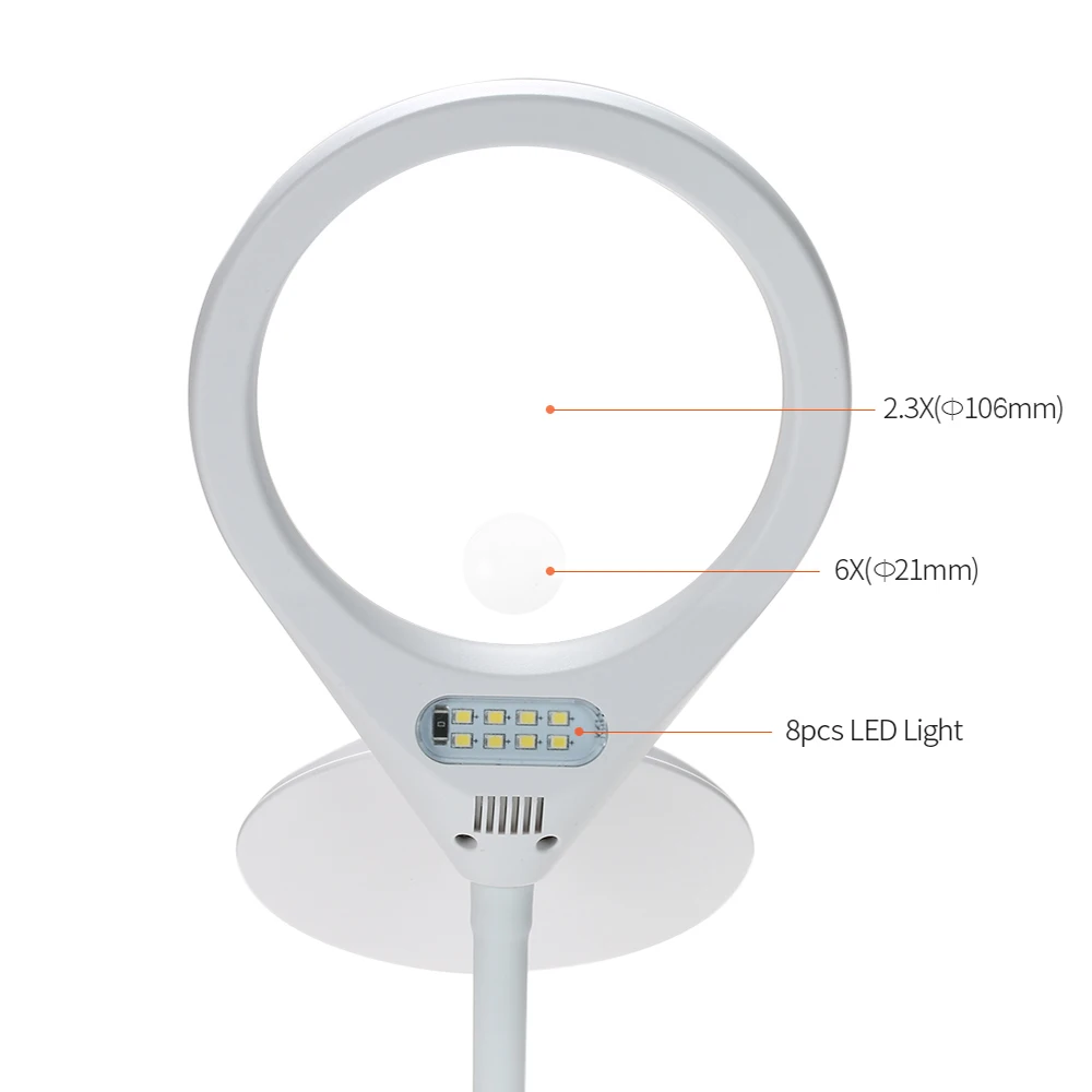 Светодиодный настольная лампа лупа 2-в-1 клип-на 2.3X/6X увеличительное Стекло с светильник инструмент для ремонта Лупа для чтения