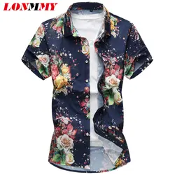 LONMMY 5XL 6XL 7XL цветок мужские рубашки Повседневное рубашка с цветочным узором мужчины с короткими рукавами модные мужские платье Новинка 2018