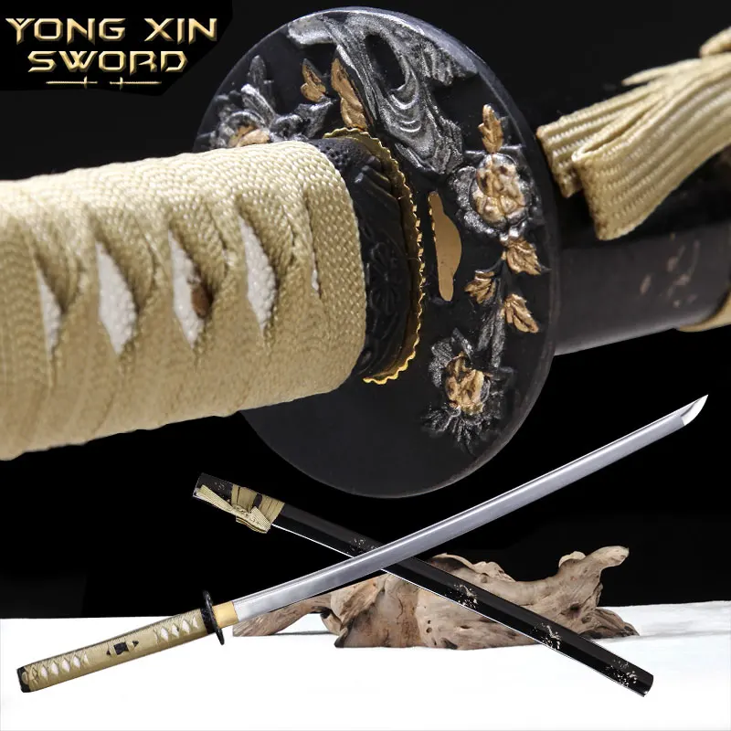 Full Handmade yellow Japanese Samurai Sword Katana Damascus Folded Steel Blade Practical Sharp Gift