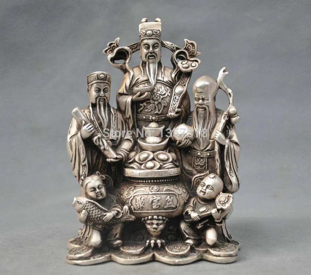 

shitou 00724 7" China Silver Bronze Fu Lv Shou 3 Star Mammon Boy Fish Statue