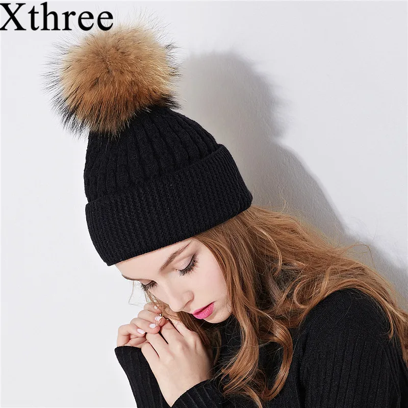 

Xthree winter hat for women wool knitting hat beanies 15cm real mink fur pom poms Shiny Rhinestone hat Skullies girls hat