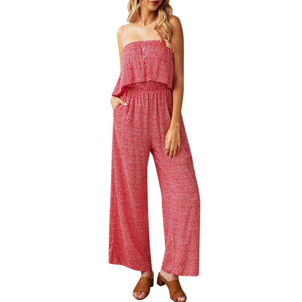 

Jumpsuit Women Summer Printing Cold Shoulder Sleeveless Long Rompers Playsuit Casual Sexy Office Lady Jumpsuit YJJ1