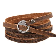 Kirykle Estilo Vintage bohemio, joyería multicapa, pulsera de cuero genuino para hombres y mujeres, pulsera con letras en relieve