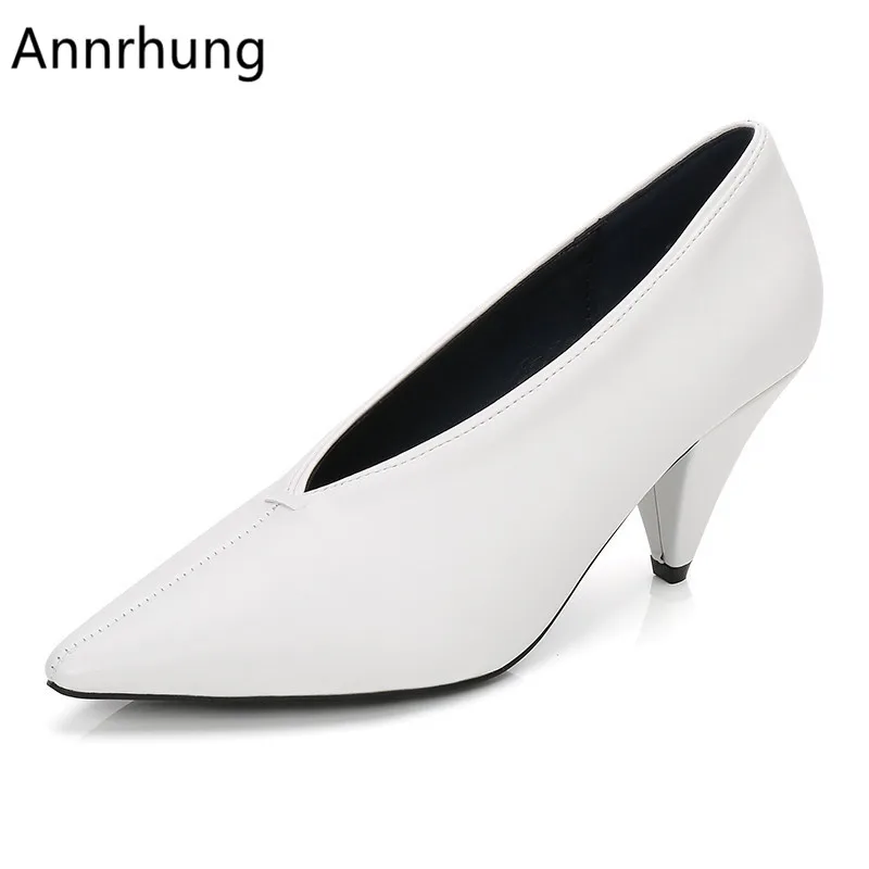 

Concise Genuine Leather OL Working Shoes Women Sexy Pointed Toe Spike High Heel Mules V-cut out Casual Pumps For Women