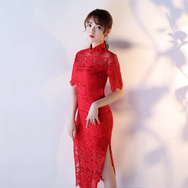 Bride Lace Cheongsam Dress 2018 Red Qipao Sexy Chinese Evening Dresses 