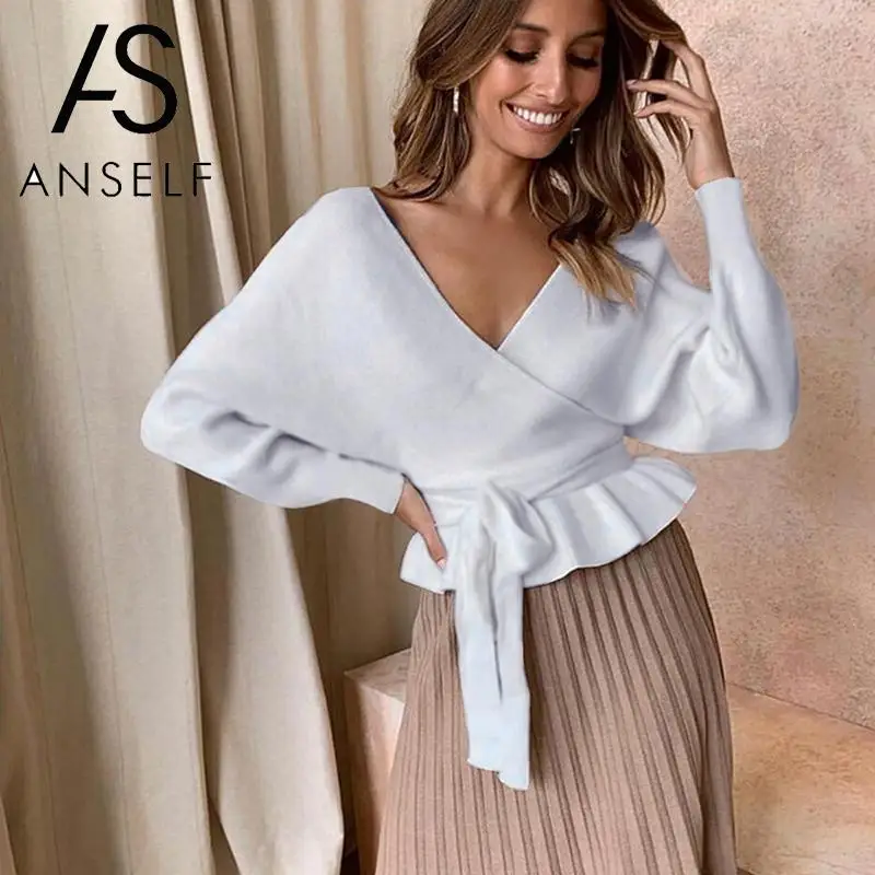 

ANSELF Sexy Backless Sweater Women Pullover Winter Sweater Solid Color Deep V Neck Tie Waist Spring Fall Knitwear female Jumper