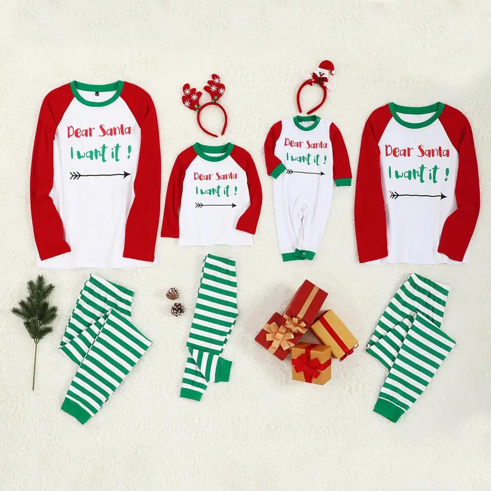 

PatPat Spring Autumn New Parent-child Christmas Dear Santa Claus Long Sleeve Top Green Striped Pants Family Matching Pajamas