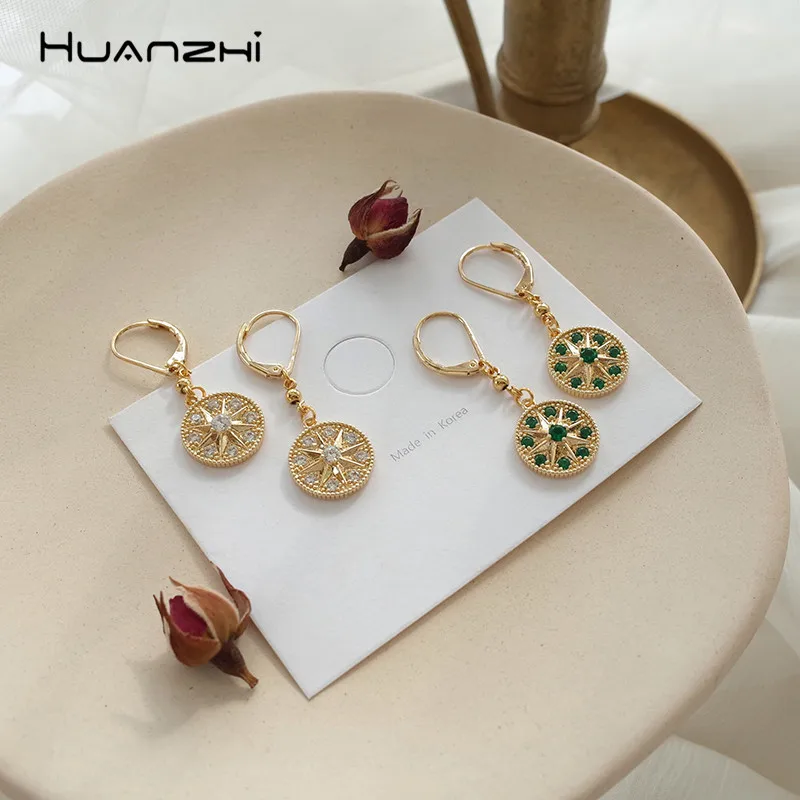 

HUANZHI 2019 New Retro Green Zircon Anise Star Korean Design Round Simple Long Drop Earrings for Women Girl Party Gift Jewelry