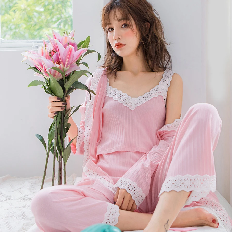 2019 Spring Nursing Pajamas Korean Cotton Sexy 3Pcs/Set Maternity Sleepwear Postpartum Breastfeeding Pregnancy Nightwear A315