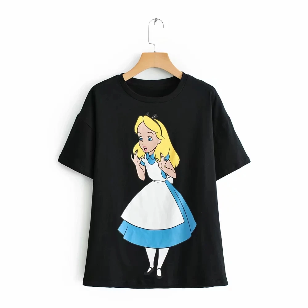 Летняя модная женская футболка Харадзюку, Корейская одежда, уличная одежда, принт с героями мультфильмов для девочек, хлопок, футболка с круглым вырезом размера плюс