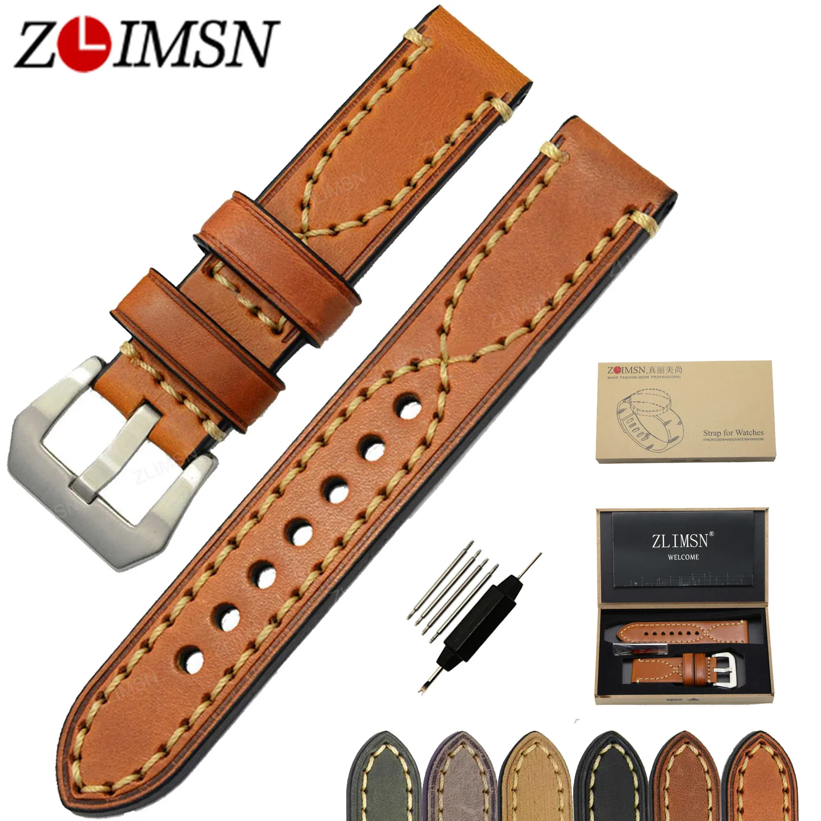 ZLIMSN Men's Watch Band Suitable for Panerai 20 22 24 26mm Brown Grey