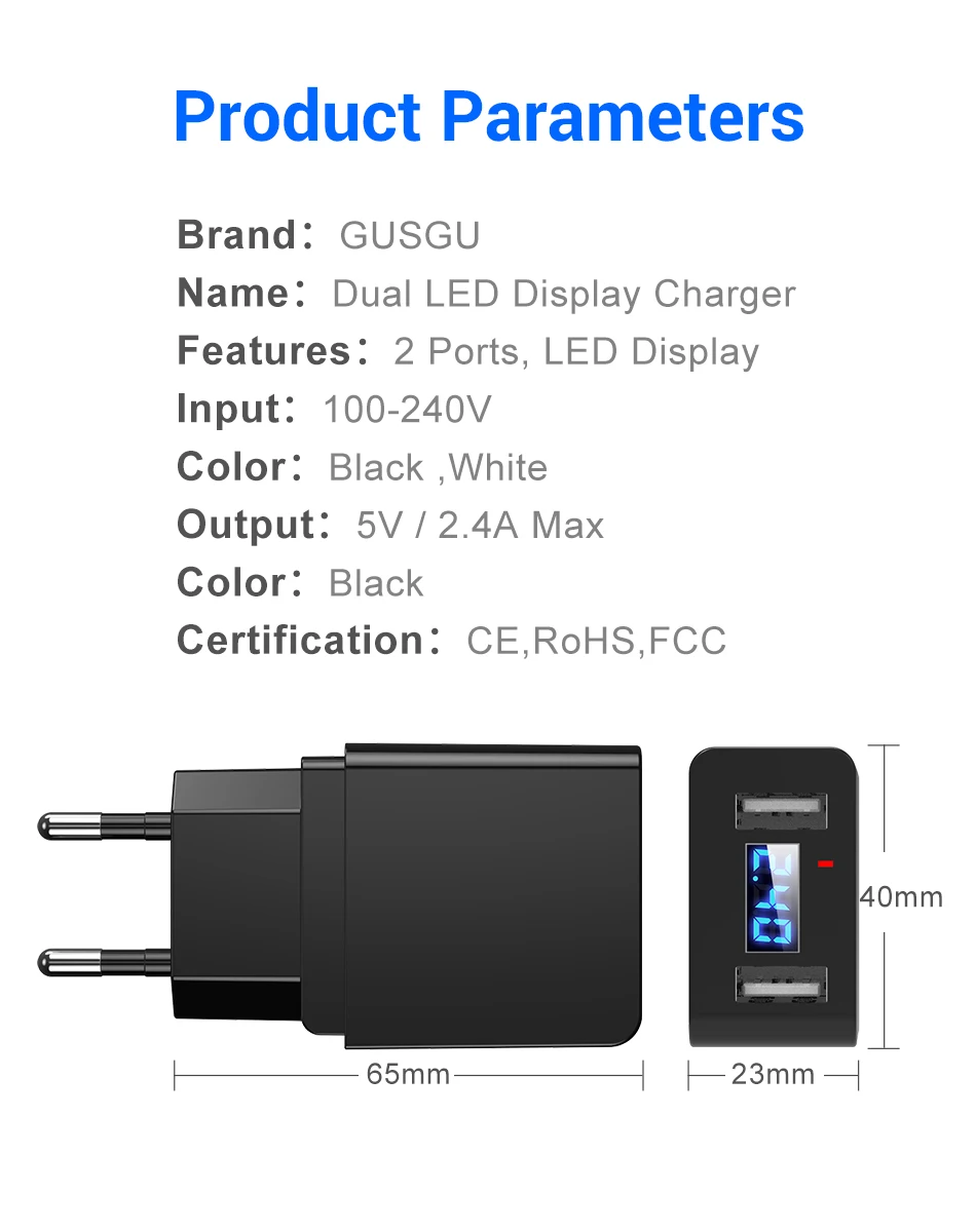 Быстрое зарядное устройство светодиодный дисплей Dual USB телефон зарядное устройство 2.4A Быстрая зарядка EU штекер мобильный путешествия настенный адаптер для iPhone X iPad samsung зарядное устройство для телефона