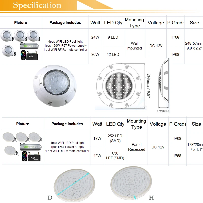 Wifi беспроводной RGB светодиодный фонарь для бассейна из смолы fil светодиодный Par56 подводный Luz Piscina IP68 12 в 18 Вт 42 Вт с радиочастотным пультом дистанционного питания 4 шт