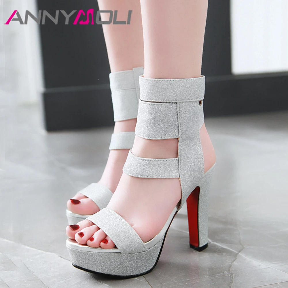 

ANNYMOLI Women Gladiator Shoes Summer Sandals Glitter Platform Block Heel Shoes Zip Extreme High Heel Lady Sandals Big Size 3-12