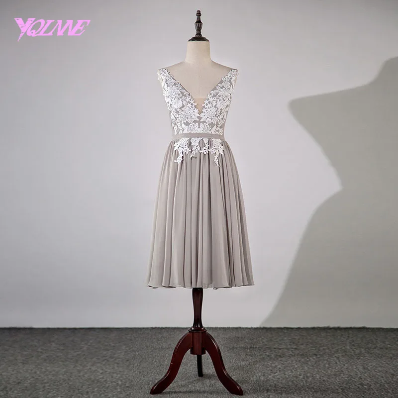 

YQLNNE 2018 Short Prom Dresses Gray Chiffon Appliques Knee Length