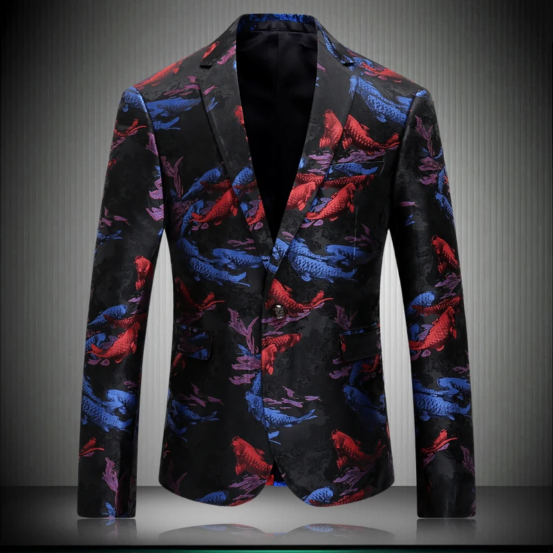 

Casual Blazer Men 2019 New Spring Autumn Slim Fit Mens Printed Chinese Fish Blazer Brand Party Prom Blazers Stage Wear 8650