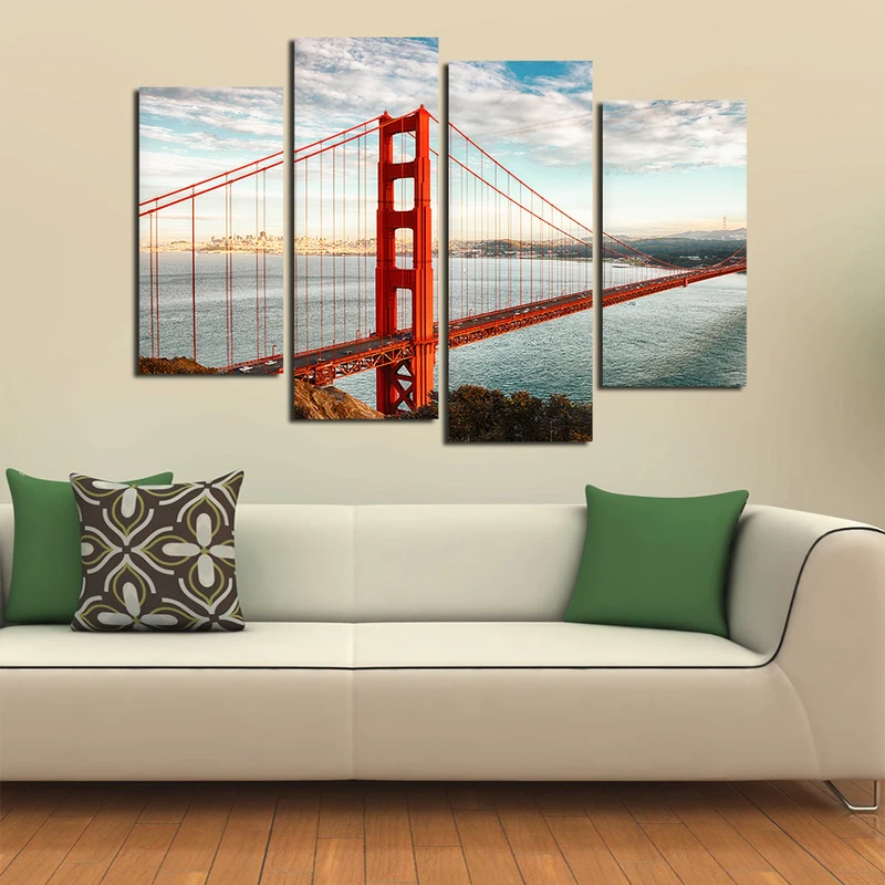 America Golden Gate Bridge 4 Panels Canvas Wall Art Cityscape Canvas Prints Paintings on Canvas for Living Room Wall Decorations (7)